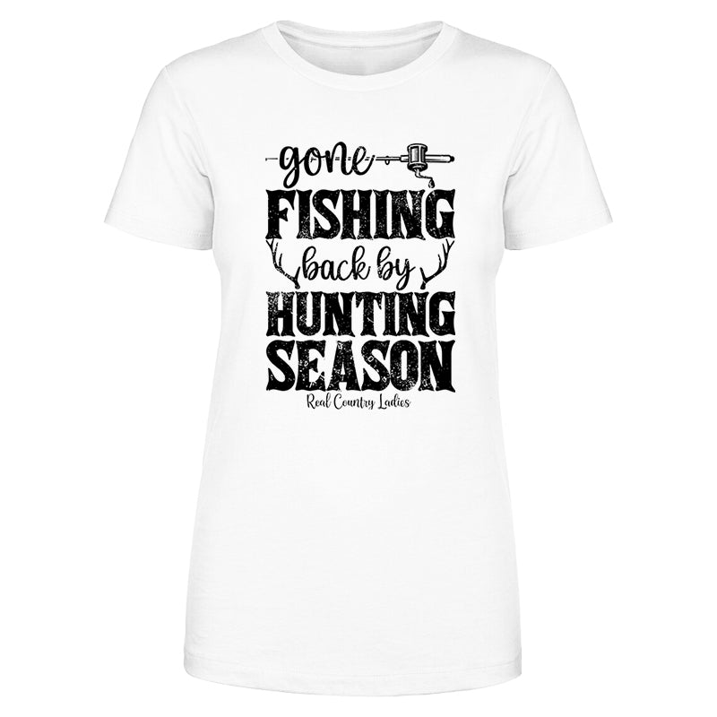 Blowout |  Gone Fishing Back By Hunting Season Black Print Front Apparel