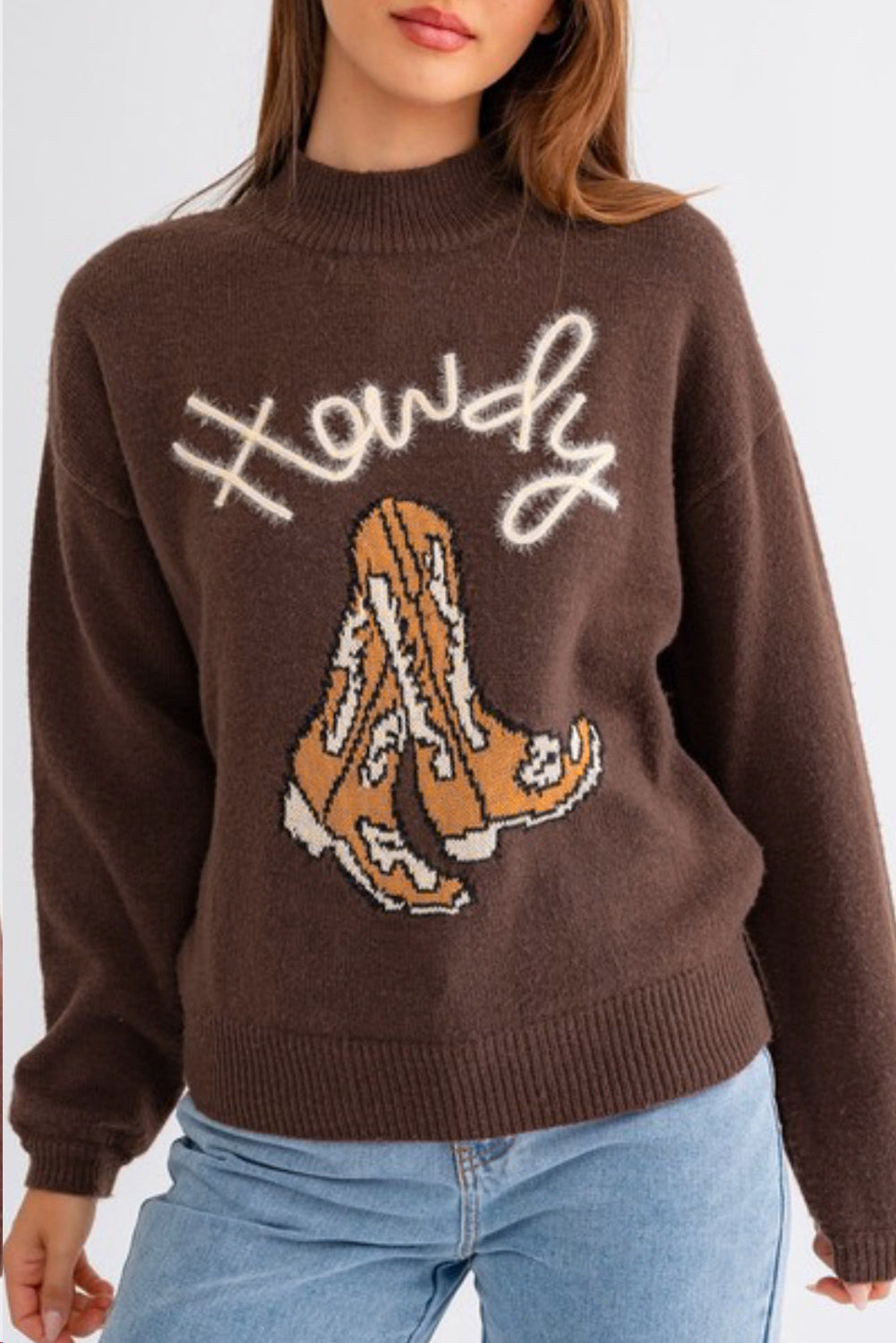 Coffee Western Howdy Boot High Neck Sweater