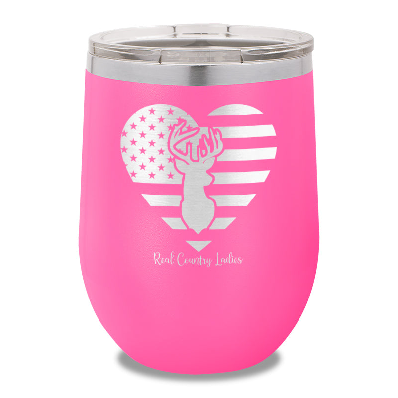 Flag Heart Deer 12oz Stemless Wine Cup