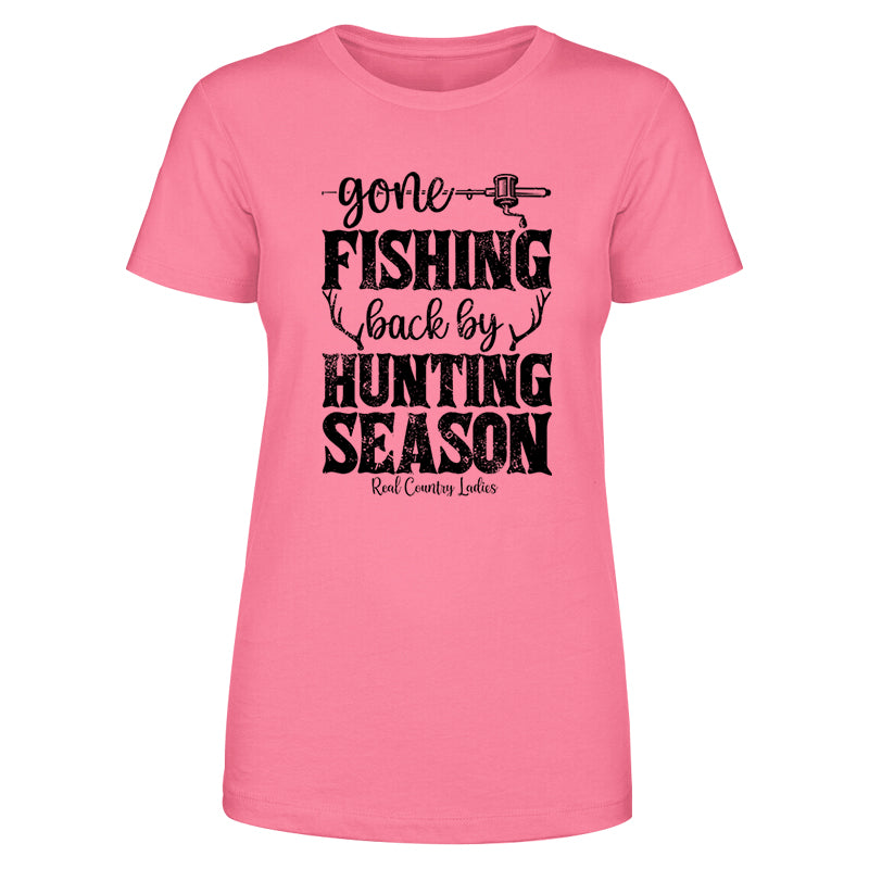 Gone Fishing Back By Hunting Season Black Print Front Apparel