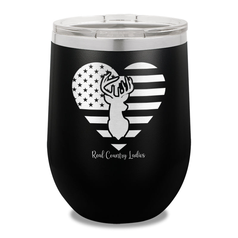 Flag Heart Deer 12oz Stemless Wine Cup