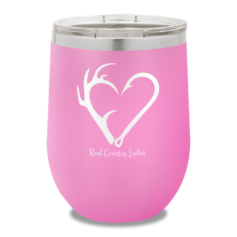 Hunting Fishing Heart 12oz Stemless Wine Cup