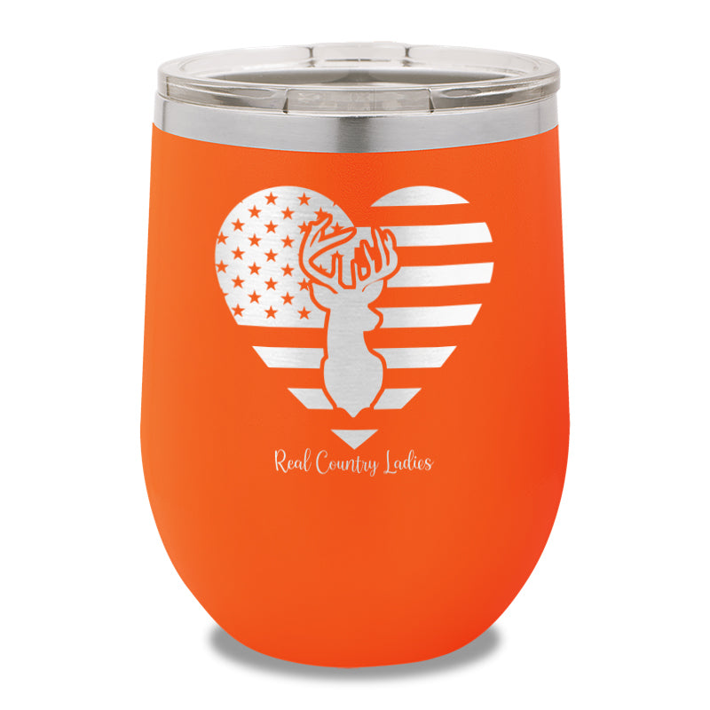 Flag Heart Deer 12oz Stemless Wine Cup