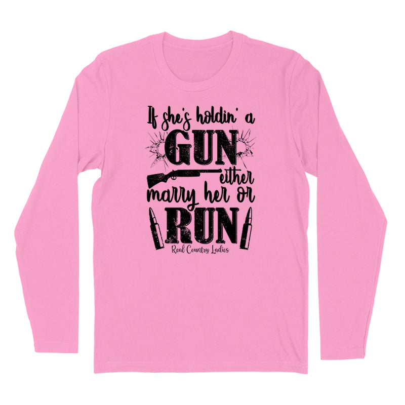 If She's Holdin' A Gun Black Print Hoodies & Long Sleeves