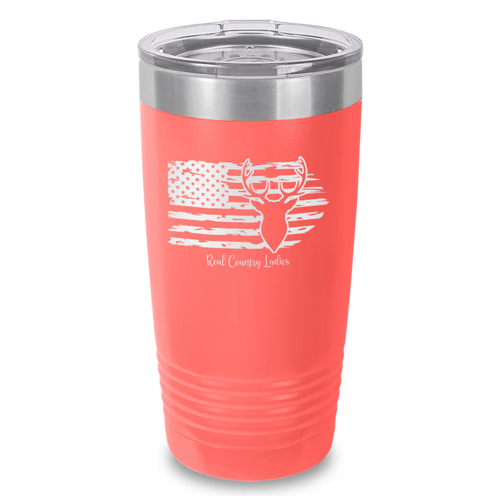 Deer USA Flag Laser Etched Tumbler