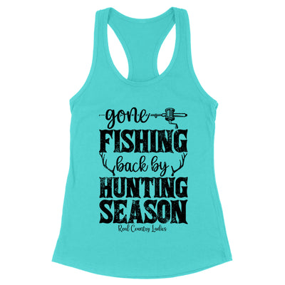 Gone Fishing Back By Hunting Season Black Print Front Apparel