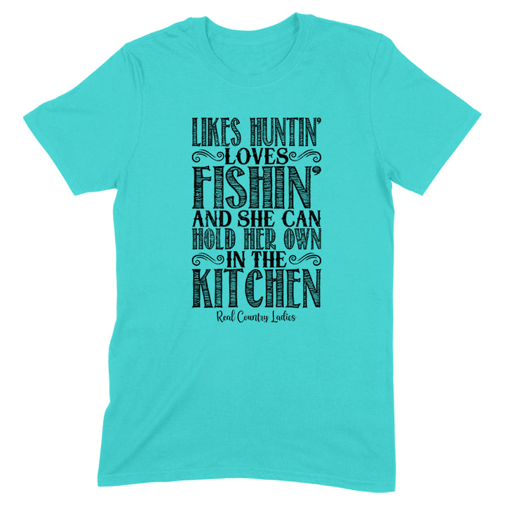 Likes Huntin' Loves Fishin' Black Print Front Apparel