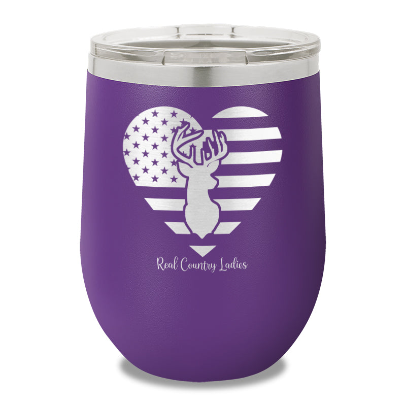 Flag Heart Deer 12oz Stemless Wine Cup