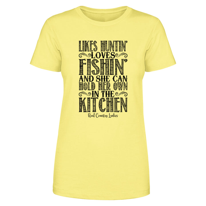 Likes Huntin' Loves Fishin' Black Print Front Apparel