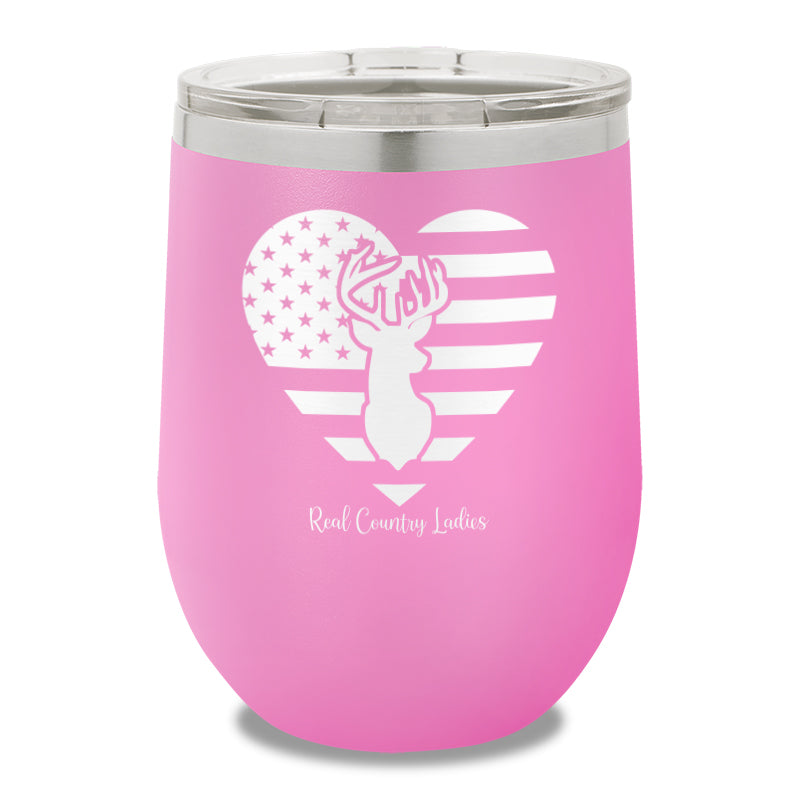 Flag Heart Deer 12oz Stemless Wine Cup