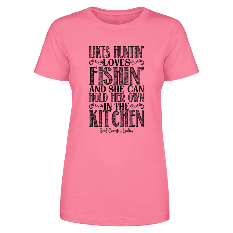 Likes Huntin' Loves Fishin' Black Print Front Apparel