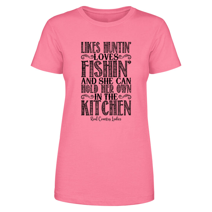 Likes Huntin' Loves Fishin' Black Print Front Apparel