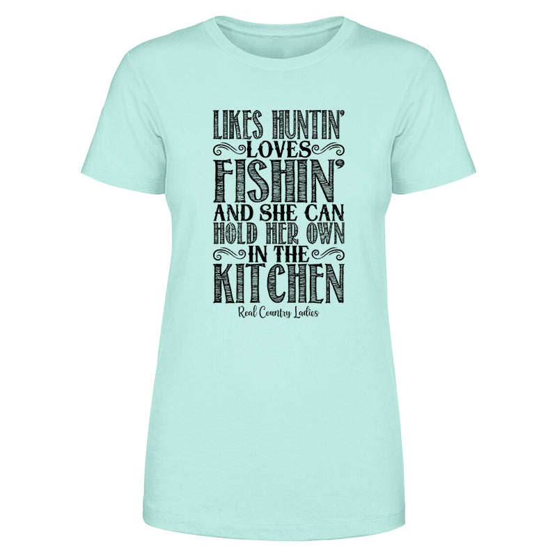 Likes Huntin' Loves Fishin' Black Print Front Apparel