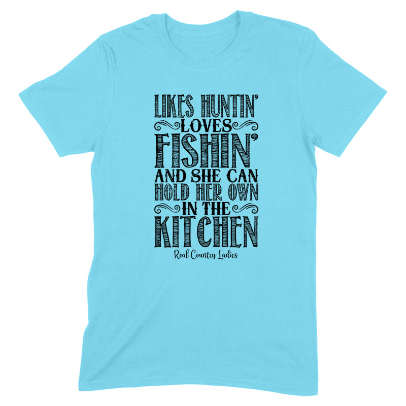 Likes Huntin' Loves Fishin' Black Print Front Apparel