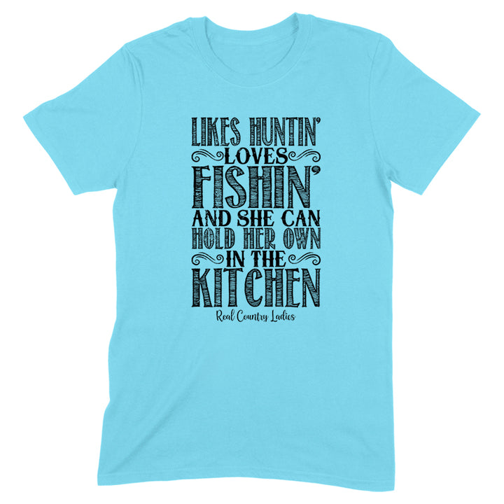 Likes Huntin' Loves Fishin' Black Print Front Apparel