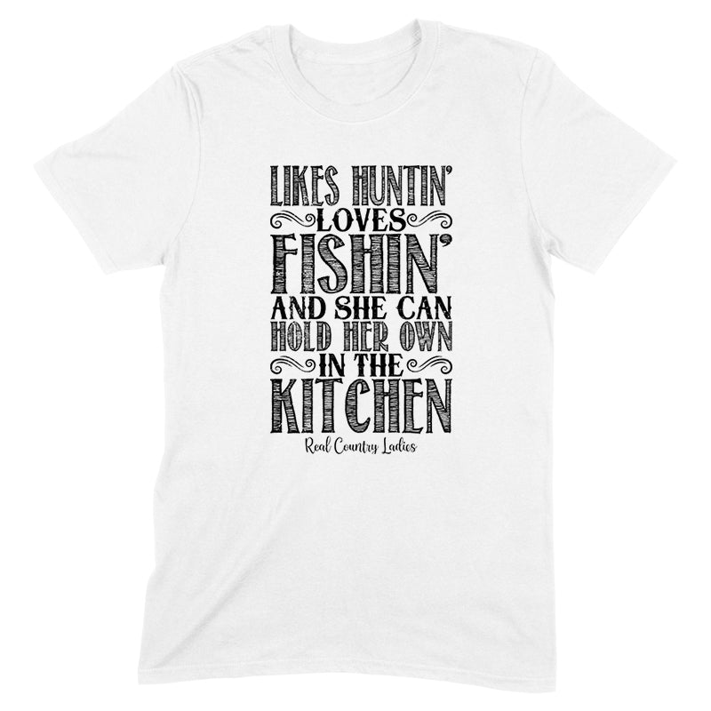 Likes Huntin' Loves Fishin' Black Print Front Apparel