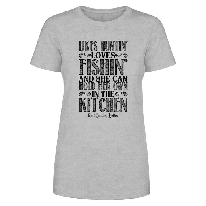 Likes Huntin' Loves Fishin' Black Print Front Apparel